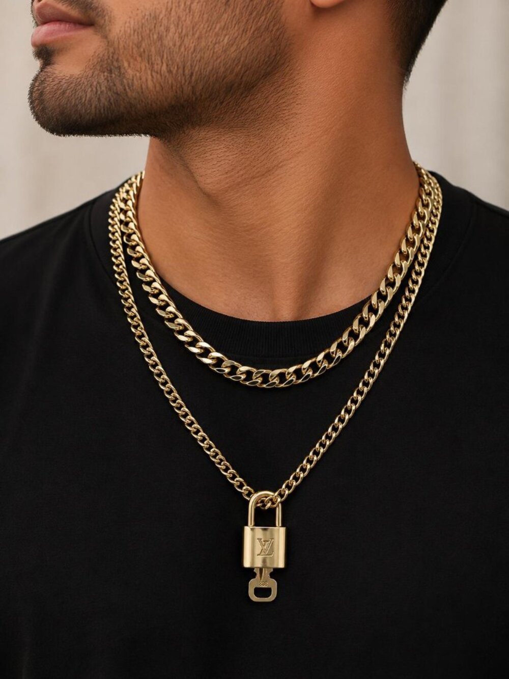 Authentic Louis Vuityon Gold Padlock Pendant with Stainless Steel 2 Cuban Style